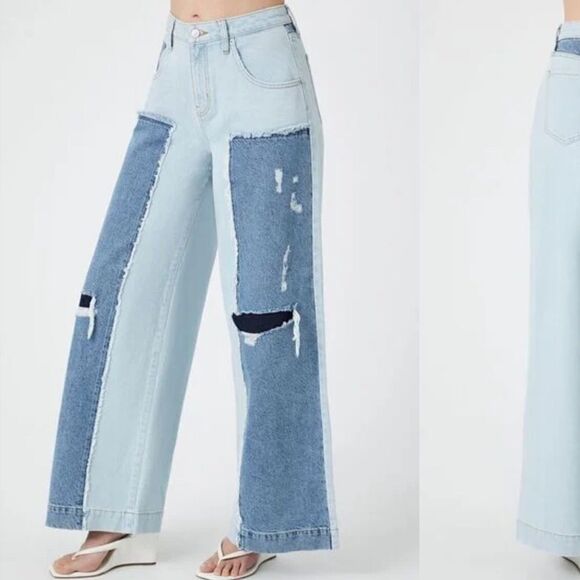 NWT Forever 21 Distressed Reworked Wide-Leg Jeans Sz 26 - Picture 2 of 14
